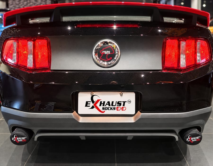 Black Ford Mustang with custom exhaust — Exhaust Socks installed