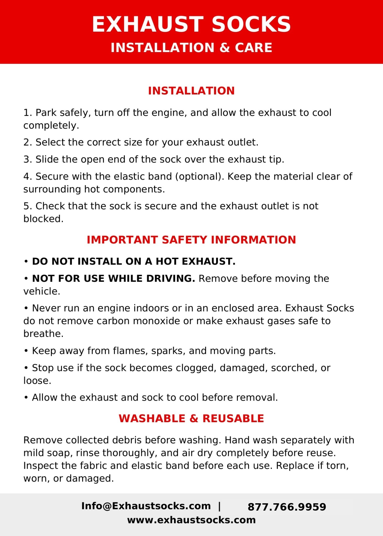 Exhaust Socks installation and care instructions